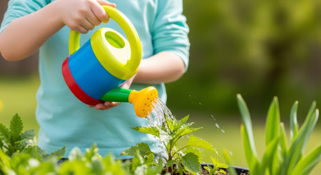 Kid watering a small green plant with a colorful toy watering can. Child garden care and outdoor hobby. Earth day and nature education concept.の素材
