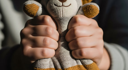 Child holding a knitted stuffed animal. Kid playing with a soft toy. Childhood development, playtime, and comfort concept.の素材