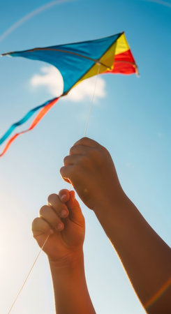 Child flying a colorful kite in a sunny blue sky, close up on small hands holding the string. Happy summer outdoor activity concept.の素材