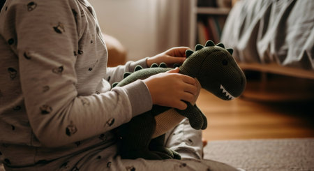 Child holding a green knitted dinosaur toy. Kid playing with a handmade plush animal. Early childhood development and imaginative play concept.の素材