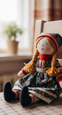 Handcrafted fabric doll with braided hair and colorful folk dress. Childrens toy for playing and imaginative story-telling. Childhood memory.の素材