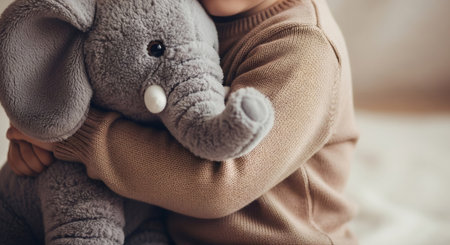 Kid hugging a soft grey elephant toy. Child playing with stuffed animal. Cozy childhood moment, comfort and friendship concept.の素材