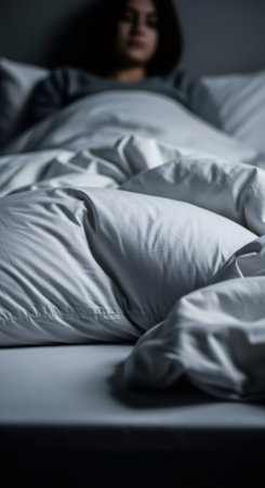 Woman lying in bed unable to sleep, suffering from insomnia or anxiety in a dark room. Sleep disorder and mental health concept.の素材