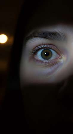 Woman wide open eye in dark. Insomnia concept about sleepless night and fear of the unknown. Sleep deprivation.の素材