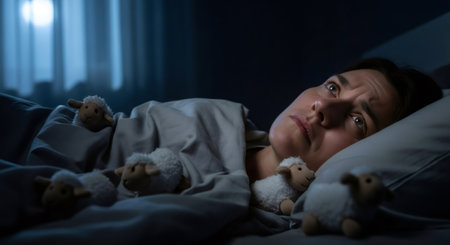 Caucasian woman suffering from insomnia, struggling to sleep in bed at night. Sleep disorder, stress, anxiety, or sleeplessness concept for medical poster.の素材