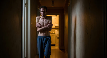 Caucasian man with a gaunt body standing in a dark hallway, a portrait illustrating the severe effects of insomnia or a mental health issue.の素材