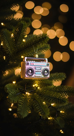 Retro boombox Christmas tree ornament hangs on an evergreen branch with twinkling lights. Nostalgic 90s holiday decor for festive celebration.の素材