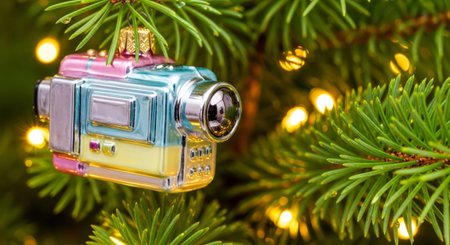 Retro camcorder Christmas ornament hanging on a festive evergreen branch with bokeh lights for holiday decoration.の素材