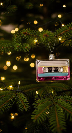 Colorful retro cassette tape Christmas ornament hanging on a pine branch on a Christmas tree with bokeh lights for holiday decoration.の素材