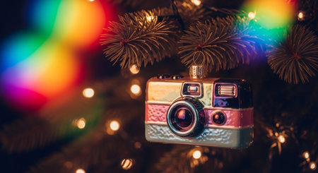Retro camera ornament hanging on a Christmas tree with colorful bokeh background. Nostalgic holiday decoration representing 90s aesthetic. Festive celebration.の素材