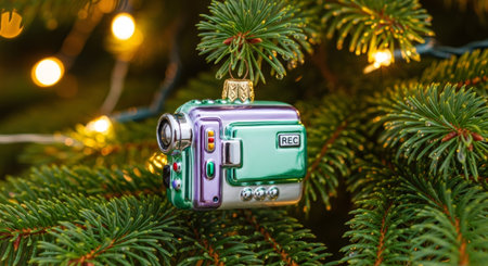 Retro camcorder Christmas ornament hanging on a festive fir tree branch with bokeh lights. Nostalgic 90s holiday decoration concept.の素材