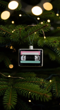 Cassette tape Christmas ornament hanging on a festive evergreen branch with glowing lights for holiday decor and retro celebrationの素材