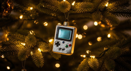 Retro video game console ornament hangs on a Christmas tree. Festive decoration for Christmas and New Year concept for gamer nostalgia.の素材