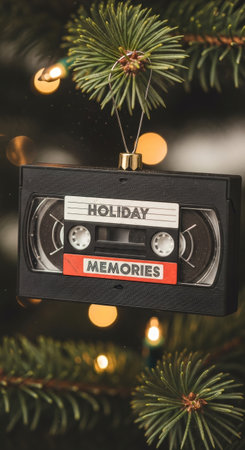 VHS cassette tape Christmas ornament hanging on a Christmas tree. Retro holiday decoration symbolizing nostalgia and vintage memories from the 90s.の素材