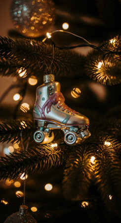 Retro roller skate Christmas tree ornament. Nostalgic decoration for festive holiday season. Winter holiday greeting card element.の素材