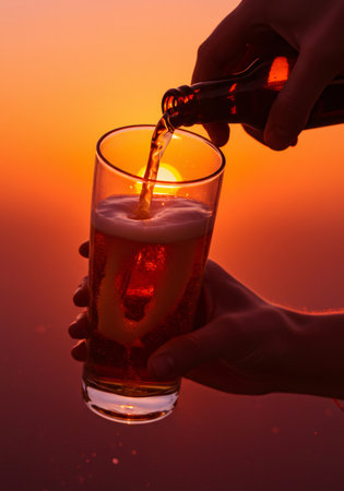 Woman pouring beer from bottle into glass during beautiful sunset on the beach. Refreshing drink on vacation and relax concept. Summer celebration.の素材