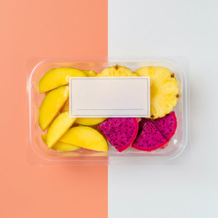 Tray of fresh tropical fruit slices with blank label on a split color background. Delicious pre-cut fruit for healthy snack or dessert.の素材