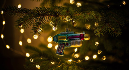 Retro space gun christmas tree ornament hanging on pine branch with bokeh lights. Vintage holiday decoration from 90s for New Year celebration.の素材