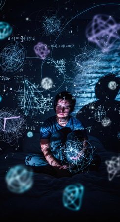 Woman contemplating complex mathematical formulas projected on her and around her. Insomnia, deep thought, and learning concept.の素材