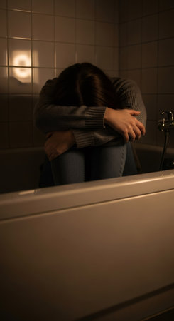Woman experiencing insomnia and depression, sitting alone in a bathtub with knees tucked to chest. Concept of loneliness, mental discomfort, and health.の素材