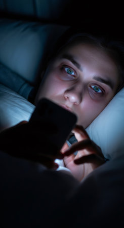 Woman with red eyes using smartphone in dark room at night, suffering from insomnia and sleep deprivation due to blue light from phone screen.の素材