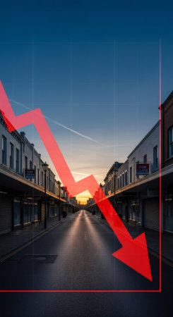 Red arrow showing downward trend over empty street with buildings for lease. Economic decline and recession concept. Visual for business crisis analysis.の素材