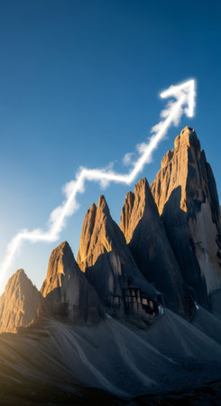 Bright arrow graph rising over majestic mountain peaks. Concept of business growth, success, and overcoming challenges for financial achievement.の素材