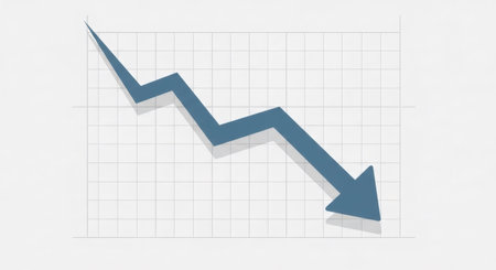 Blue arrow pointing downward on a grid. Business graph with falling trend line. Digital stock market data visualization for investment analysis.の素材