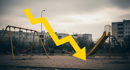 Yellow arrow diagram showing a downward trend over an empty, gloomy playground with swings and a slide, conceptualizing economic recession or decline in youth activity.の素材