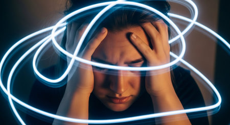 Woman experiencing headache and stress depicted with light trails. Concept of insomnia, migraine, mental health problem, anxiety, and sleepless night.の素材