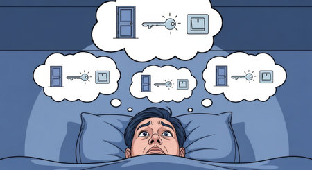 Man lies awake in bed, staring at the ceiling, thinking about turning the light off with an illustration of doors, keys, and light switches in thought bubbles. Insomnia concept.の素材