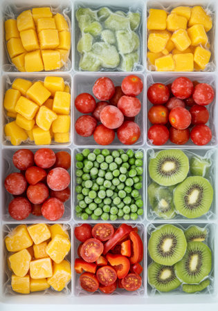 Frozen mixed vegetables and fruit in plastic bags for a balanced diet and healthy cooking. Meal prep concept for health conscious consumer.の素材