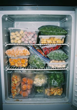 Frost-covered freezer filled with assorted frozen berries, vegetables, and herbs in plastic bags and containers, for food storage and meal preparation.の素材