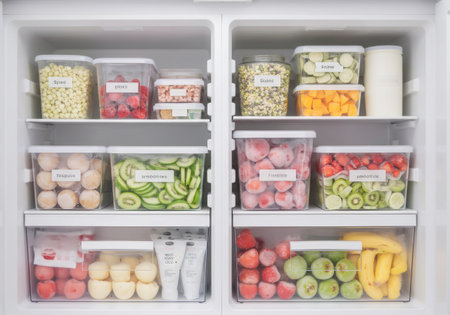 Refrigerator filled with organized fruits and vegetables in clear containers, showcasing food preservation and healthy eating ideas.の素材
