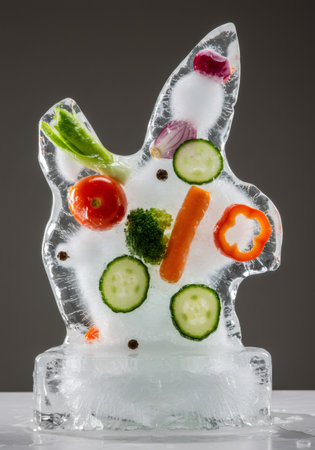 Mixed vegetable frozen in bunny shape ice sculpture. Easter concept for food presentation, healthy eating, and creative cooking ideas.の素材