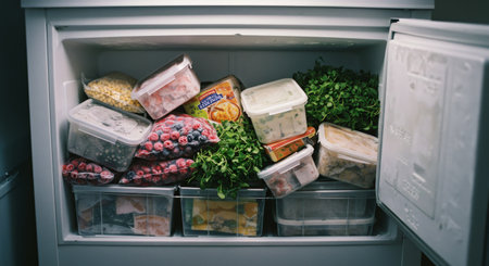 Assortment of frozen fruits and vegetables stored in resealable plastic bags in a home freezer. Food preservation and healthy eating concept.の素材