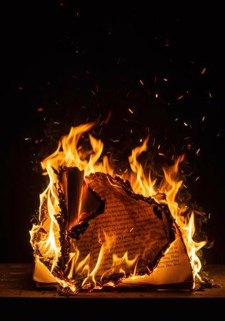 Old paper burning with bright orange flames and fiery sparks on a dark background for metaphor of destruction, information lossの素材
