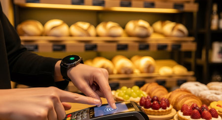 Woman paying with smartwatch at point of sale terminal. Contactless payment system. Future technology for retail shopping in bakery.の素材