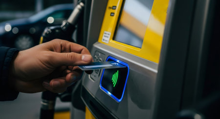 Man paying with bank card at a self-service gas station. Contactless payment with credit card at pump. Modern fuel service technology.の素材