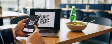 Man using phone for online contactless payment via QR code at restaurant. Digital payment system and modern technology.の素材