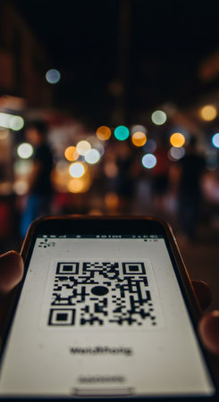 Man holding phone with QR code for payment. Contactless digital transaction system with mobile technology. Future finance innovation concept.の素材