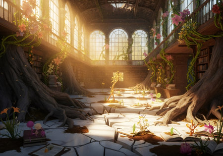 Old library interior with giant trees growing inside. Fantasy scene of nature reclaiming an abandoned building for magic.の素材