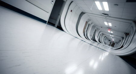 Long, clean, white futuristic corridor with curved walls and illuminated ceiling lights. Abstract tunnel hallway in a modern hospital.の素材