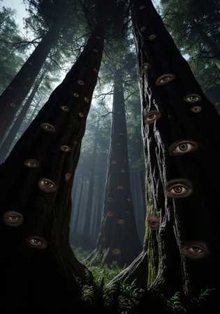 Mystical forest with many eyes on tree trunks in a magical woods. Surreal view of nature and fantasy.の素材