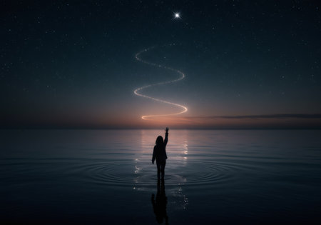 Woman in silhouette reaching for the night sky with a star and glowing light trail on water. Wish fulfillment.の素材