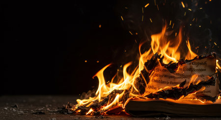 Old paper burning with bright orange flames and fiery sparks on a dark background for metaphor of destruction, information lossの素材