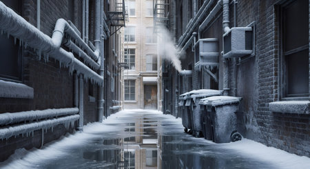 Frozen alleyway in a city with snow, ice, and icicles, showing pipes, air conditioners, and trash cans. Winter concept.の素材
