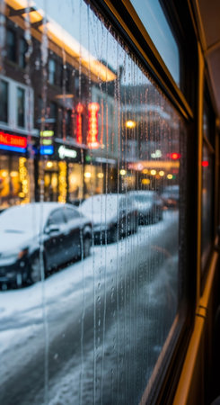 Raindrops on bus window looking out to a blurred snowy city street with neon lights at night. Winter urban scene, frozen city.の素材