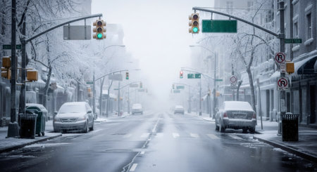 Icy city street with cars parked along the side, traffic lights showing green and red in a winter wonderland scene, concept of frozen urban landscape.の素材