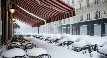 Cafe patio tables and chairs covered by snow during a heavy winter storm. Frozen city street scene for winter travel or holiday season.の素材